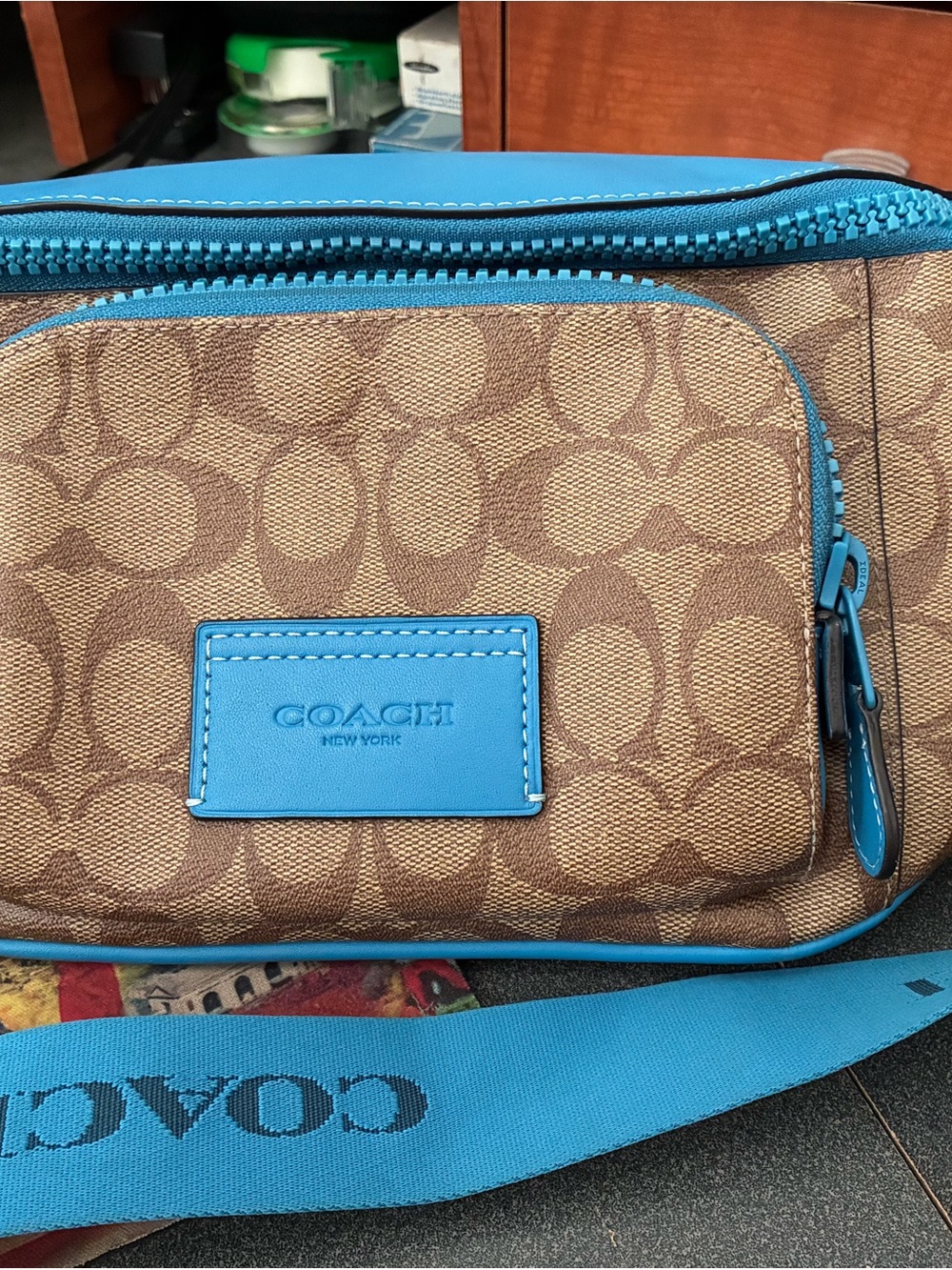 Coach Brown Signature Belt Bag with Bright Blue Trim